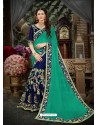 Dark Green And Navy Georgette Heavy Embroidered Designer Saree