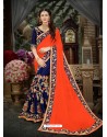 Orange And Navy Georgette Heavy Embroidered Designer Saree