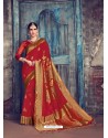 Red Jaquard Nylon Silk Designer Party Wear Saree