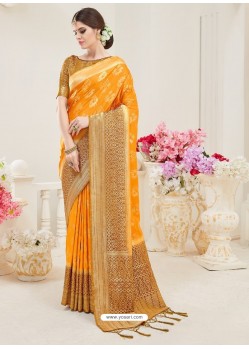 Yellow Nylon Silk Designer Jaquard Saree