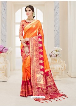 Awesome Orange Nylon Silk Designer Jaquard Saree