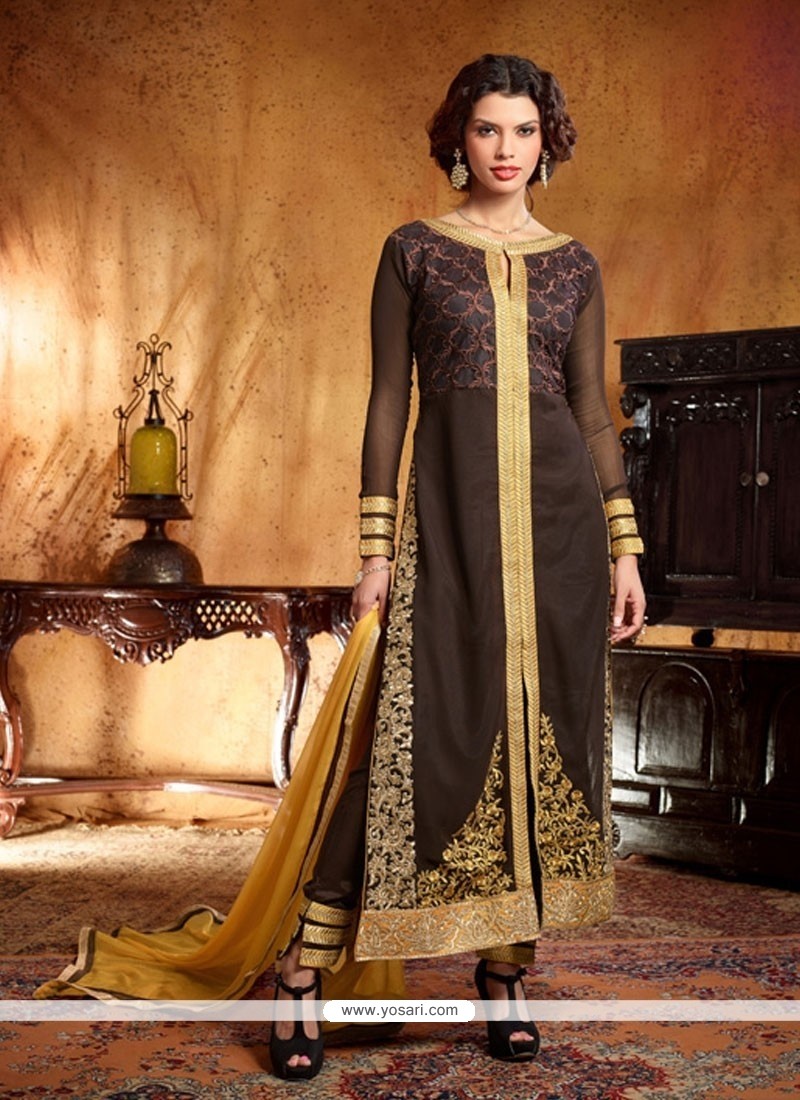 Amazing Brown Georgette Pant Style Suit