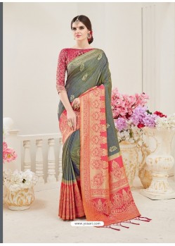 Mehendi Nylon Silk Designer Jaquard Saree