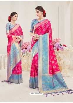 Fuchsia Nylon Silk Designer Jaquard Saree