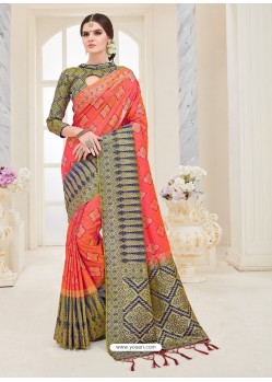 Orange Nylon Silk Designer Jaquard Saree