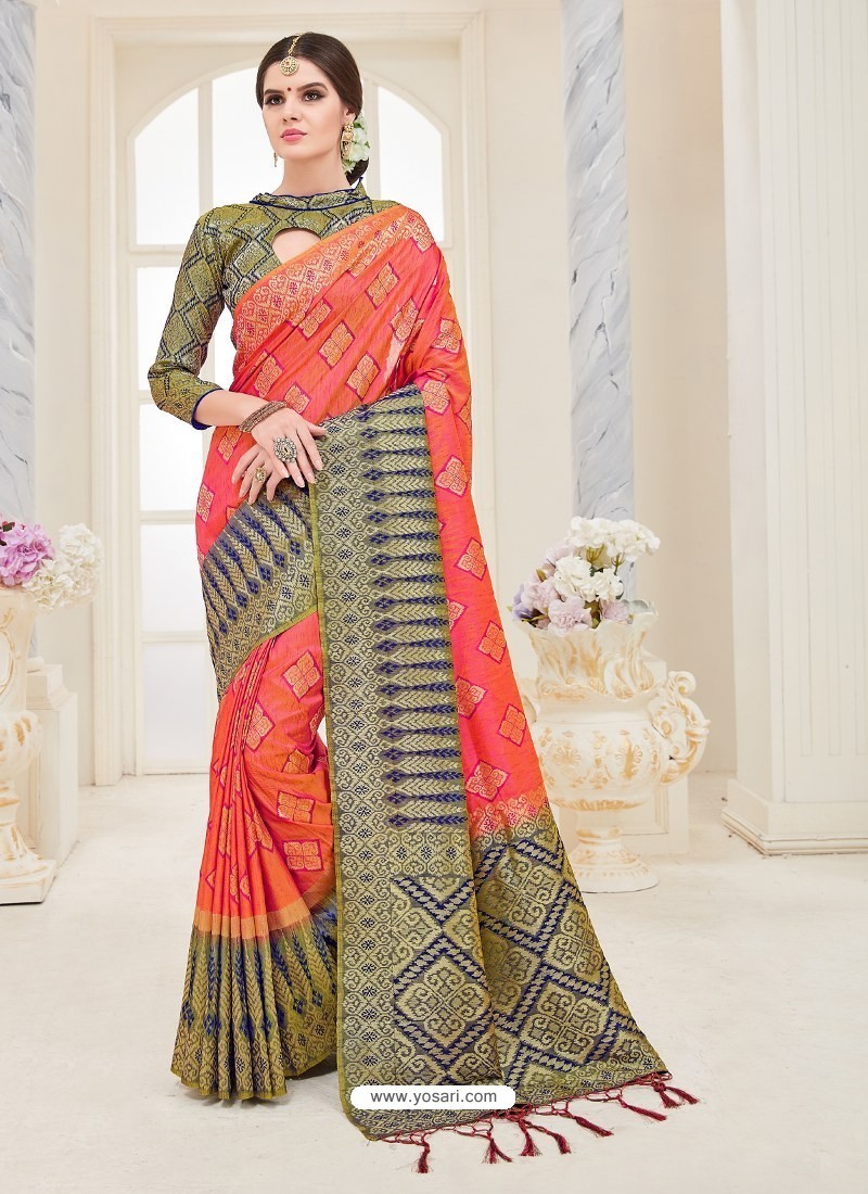 Buy Orange Nylon Silk Designer Jaquard Saree | Designer Sarees