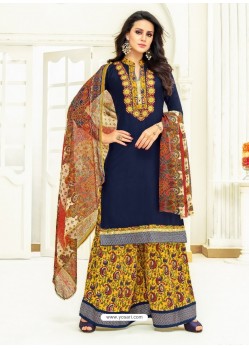 Navy Blue Pure Jam Satin Printed Palazzo Suit