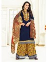 Navy Blue Pure Jam Satin Printed Palazzo Suit