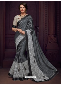 Dull Grey Imported Fabrics Heavy Embroidered Designer Party Wear Saree