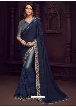 Navy And Grey Imported Fabrics Heavy Embroidered Designer Party Wear Saree
