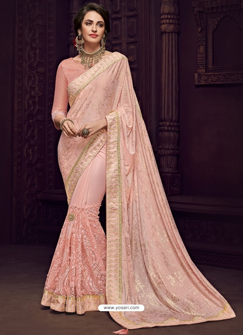 Baby Pink Imported Fabrics Heavy Embroidered Designer Party Wear Saree 