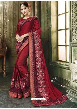 Maroon Silk Border Work Designer Party Wear Saree