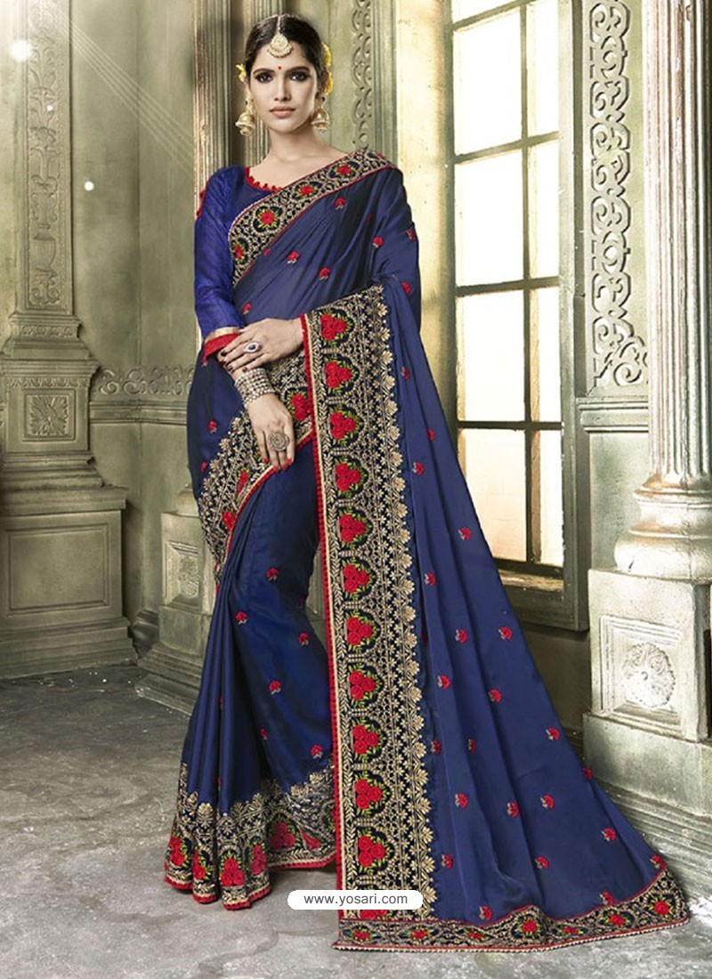 Buy Navy Blue Silk Border Work Designer Party Wear Saree | Party Wear ...