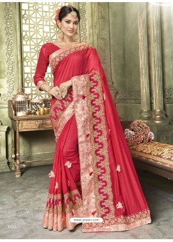 Red Silk Border Work Designer Party Wear Saree