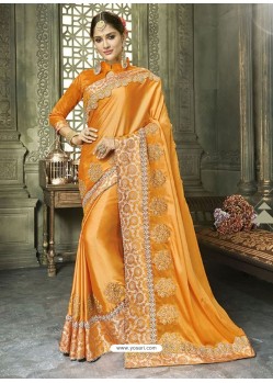 Orange Silk Border Work Designer Party Wear Saree