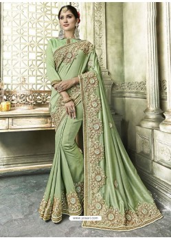 Pretty Sea Green Silk Border Work Party Wear Saree