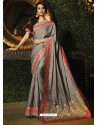 Grey Silk Designer Embroidered Saree