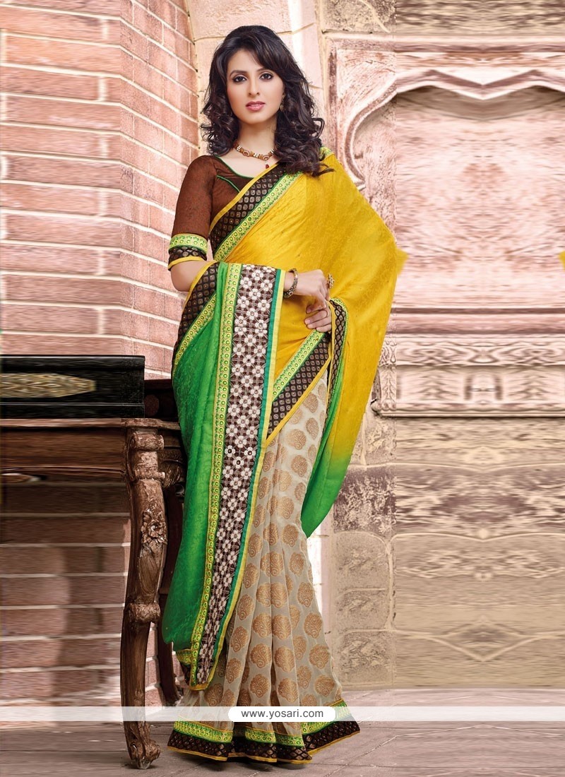 Asthetic Yellow And Cream Viscose Party Wear Saree
