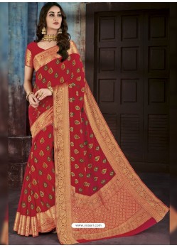 Red Chiffon Jaquard Designer Saree