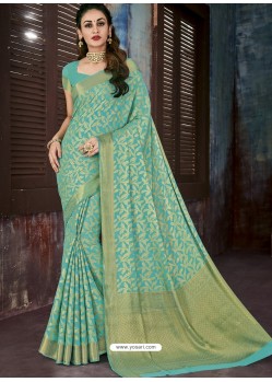 Aqua Mint Chiffon Jaquard Designer Saree