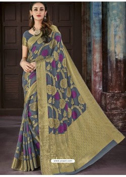 Grey And Golden Chiffon Jaquard Designer Saree