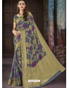 Grey And Golden Chiffon Jaquard Designer Saree