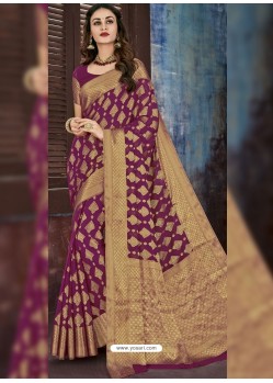 Purple And Golden Chiffon Jaquard Designer Saree