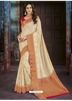 Light Beige Chiffon Jaquard Designer Saree