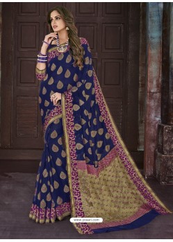 Navy Blue Chiffon Jaquard Designer Saree