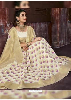 Beige And Off White Chiffon Jaquard Designer Saree