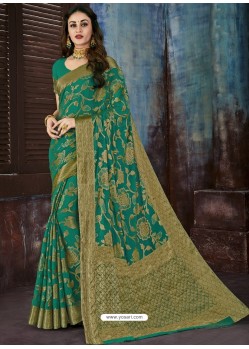 Teal Chiffon Jaquard Designer Saree