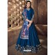 Peacock Blue Silk Embroidered Designer Floor Length Suit