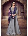 Grey Silk Embroidered Designer Floor Length Suit