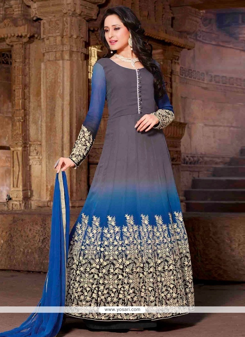 Pretty Grey And Blue Georgette Anarkali Suit