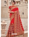Red Two Tone Silk Satin Heavy Embroidered Bridal Saree