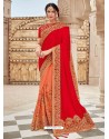 Red And Orange Two Tone Satin Silk Heavy Embroidered Bridal Saree