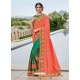 Orange And Teal Two Tone Silk Satin Heavy Embroidered Bridal Saree