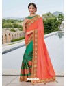 Orange And Teal Two Tone Silk Satin Heavy Embroidered Bridal Saree
