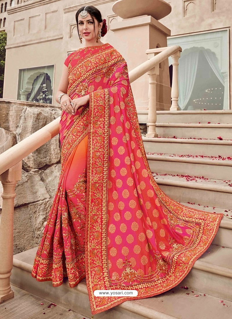 Buy Wedding Wear Dark Red Embroidery Work Satin Silk Saree Online From  Surat Wholesale Shop.