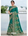 Teal Two Tone Shaded Silk Satin Heavy Embroidered Bridal Saree
