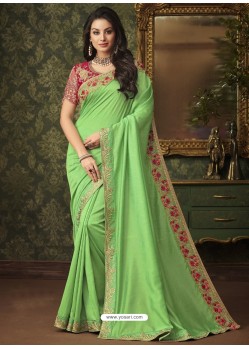 Parrot Green Two Tone Silk Party Wear Saree