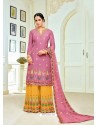 Hotpink And Mustard Upada Silk Embroidered Palazzo Suit