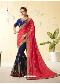 Dark Peach And Navy Silk Stone Embroidered Party Wear Saree