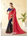 Dark Peach And Navy Silk Stone Embroidered Party Wear Saree