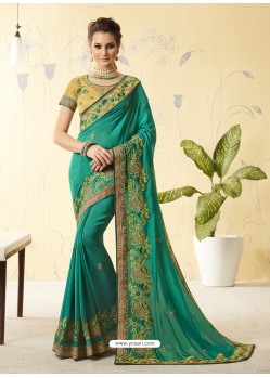 Jade Green Silk Stone Embroidered Party Wear Saree