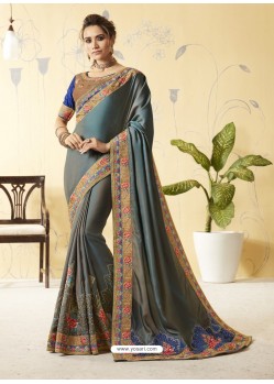 Grey Silk Stone Embroidered Party Wear Saree