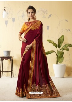 Maroon Silk Stone Embroidered Party Wear Saree