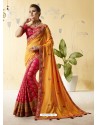 Yellow And Rani Silk Stone Embroidered Party Wear Saree