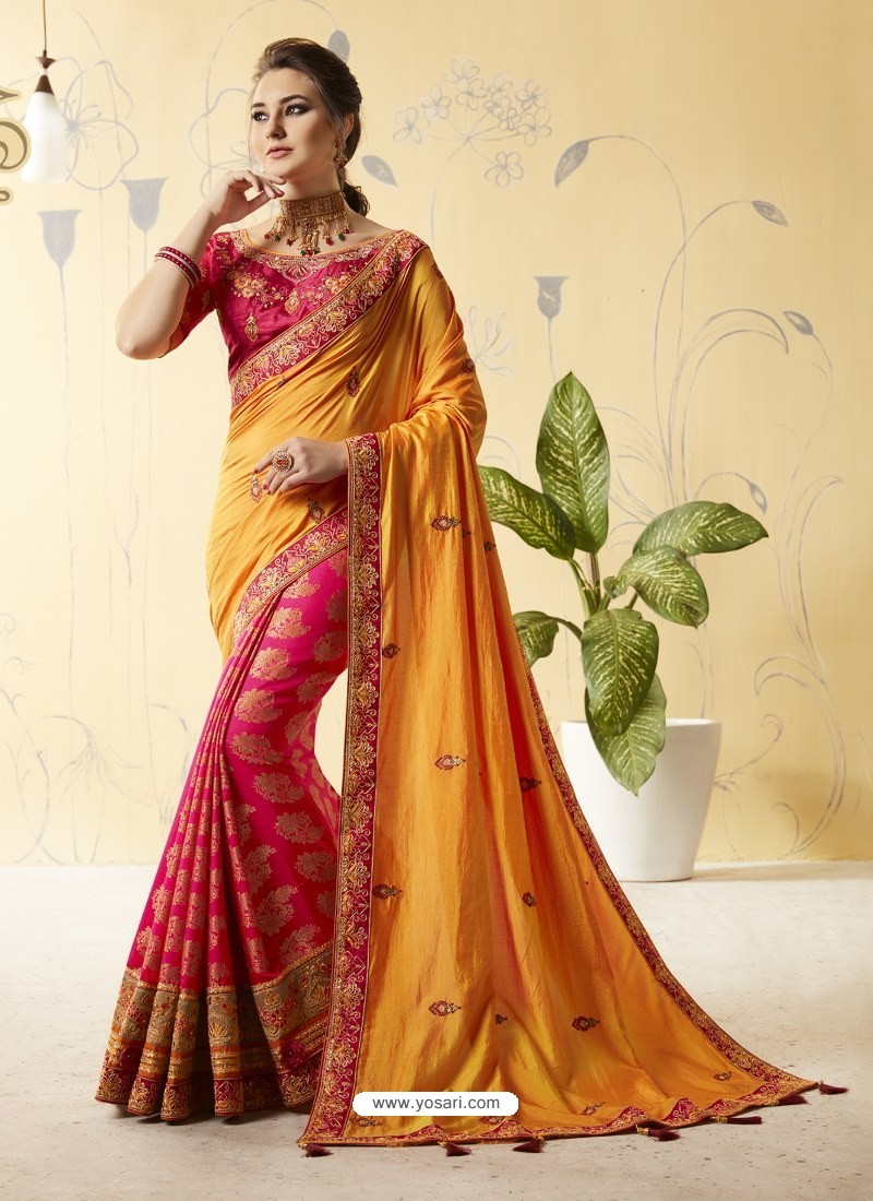 Buy Yellow And Rani Silk Stone Embroidered Party Wear Saree | Party ...