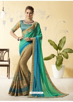 Jade Green And Beige Silk Stone Embroidered Party Wear Saree